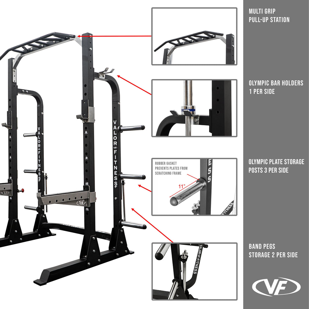 Valor Fitness BD-58 Heavy-Duty Half Rack with Integrated Plate Storage & Multi-Grip Pull-Up Station