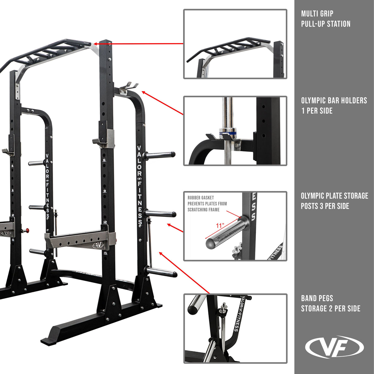 Valor Fitness BD-58 Heavy-Duty Half Rack with Integrated Plate Storage & Multi-Grip Pull-Up Station