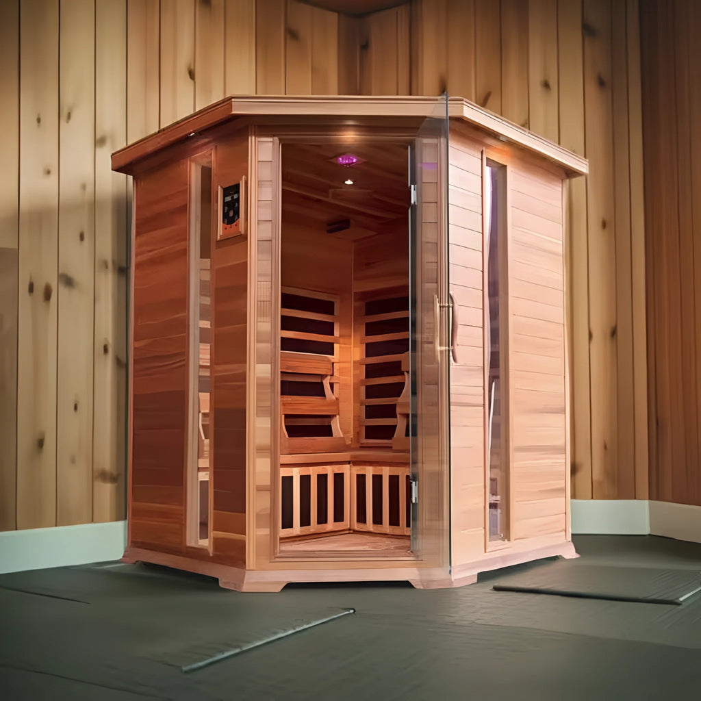 Sunray Saunas 4-Person Cedar Corner Infrared Sauna with Bluetooth Speakers and Carbon Heaters