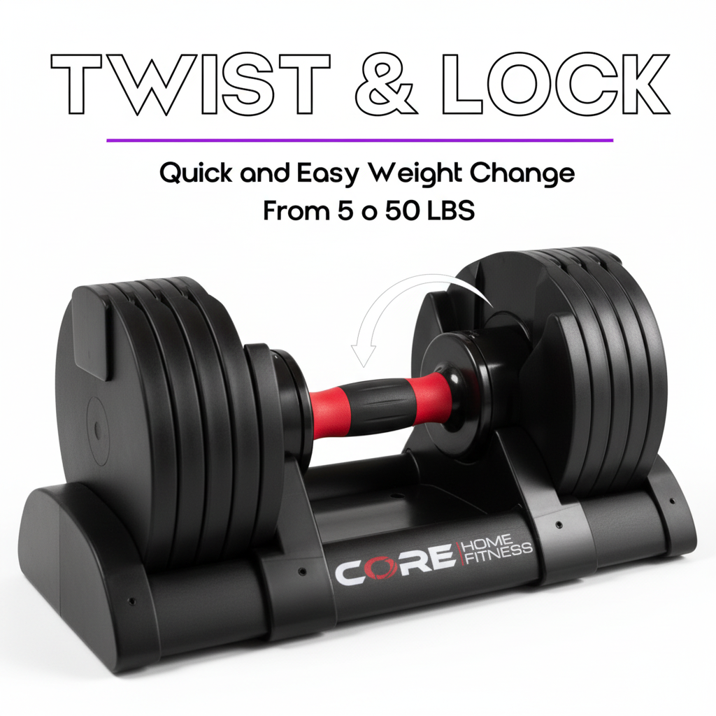 Core Home Fitness Adjustable Dumbbell Set 5-50 lb Pair for Home Gym Strength Training with Twist Handle Adjustment